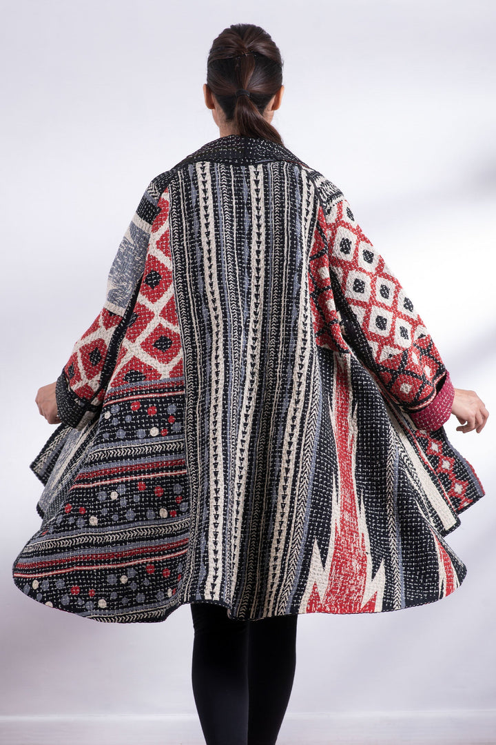 WAFFLE IKAT KANTHA KIMONO LONG JACKET - wi3005-red -