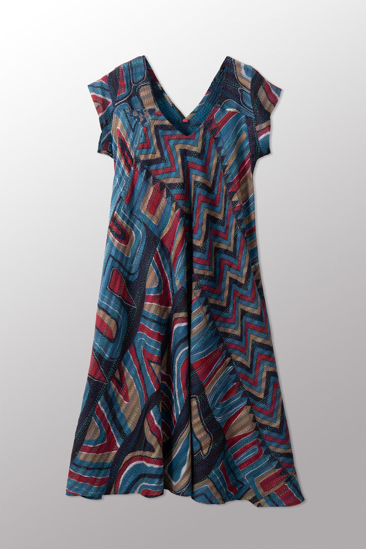 VINTAGE SILK GEORGETTE COTTON KANTHA CAP SLV. FLARE DRESS - gc2425-0001m -