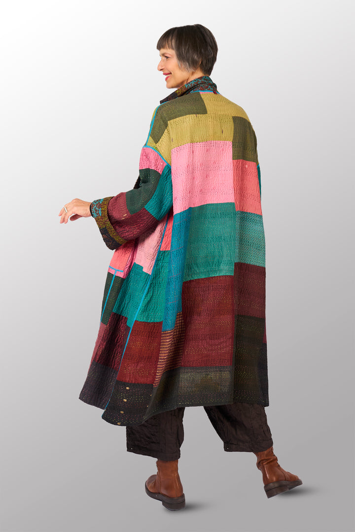 BAGH PRINT KANTHA NEW OVERSIZED COAT - bg4342-brn -