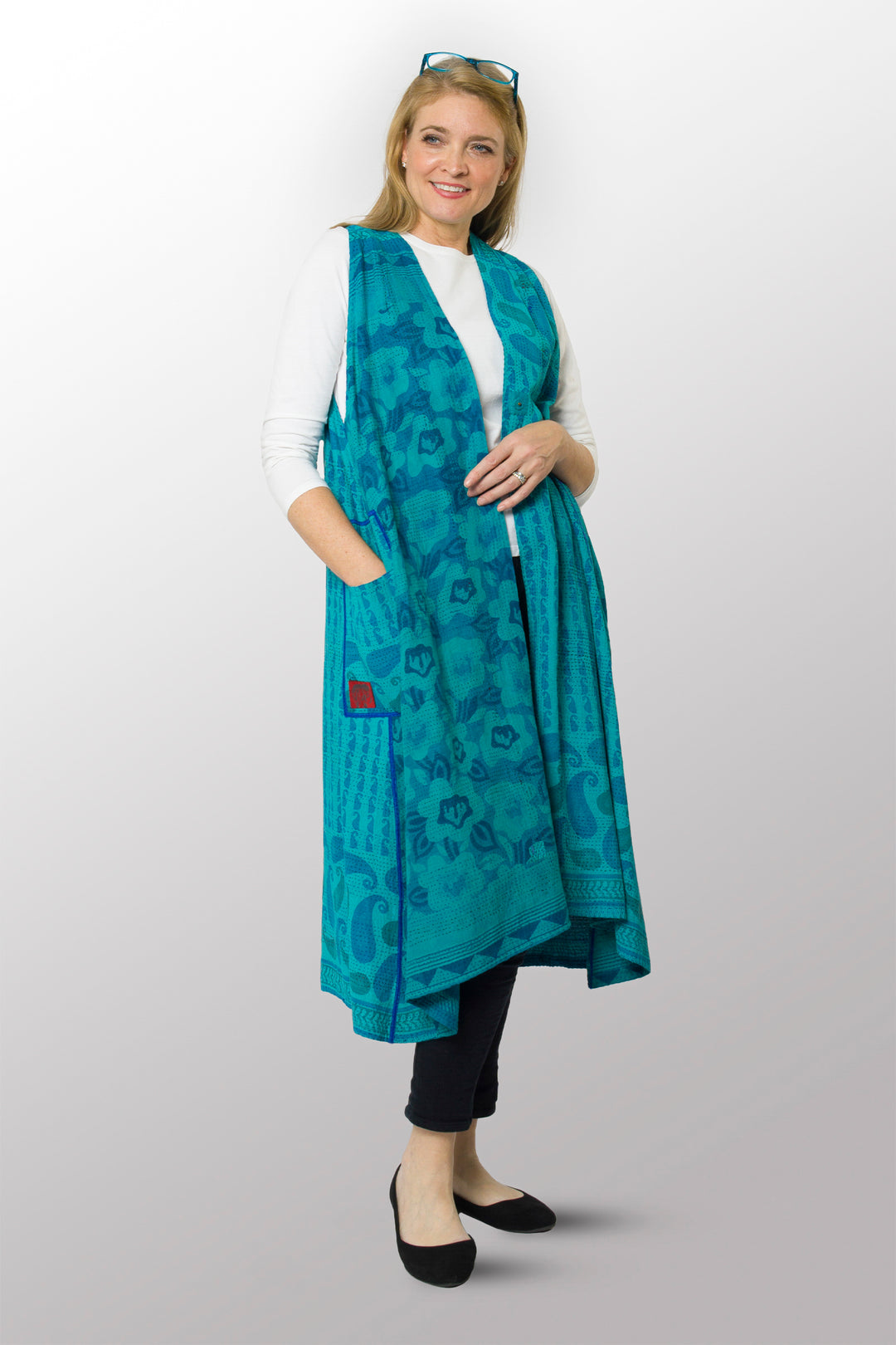 VINTAGE COTTON KANTHA BACK PLEATED VEST MAXI - cv2222-0009a -