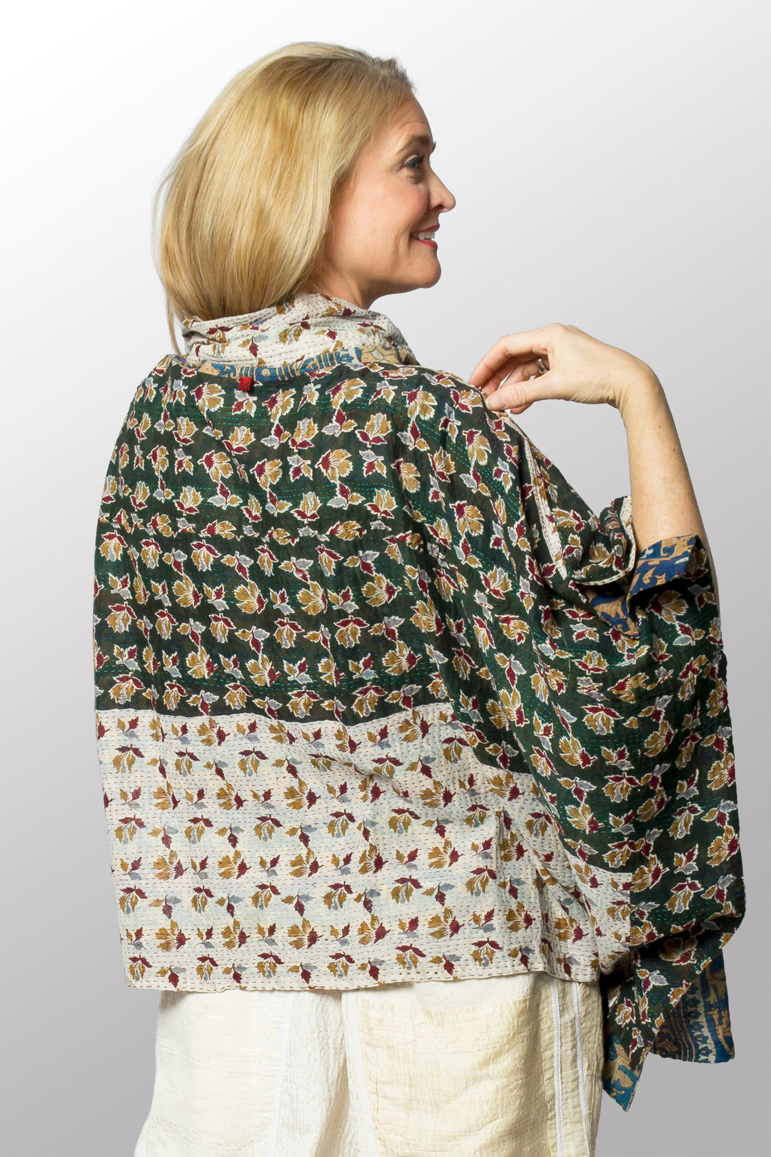 VINTAGE COTTON KANTHA COWL NECK LONG CAPE - cv2842-0002a -