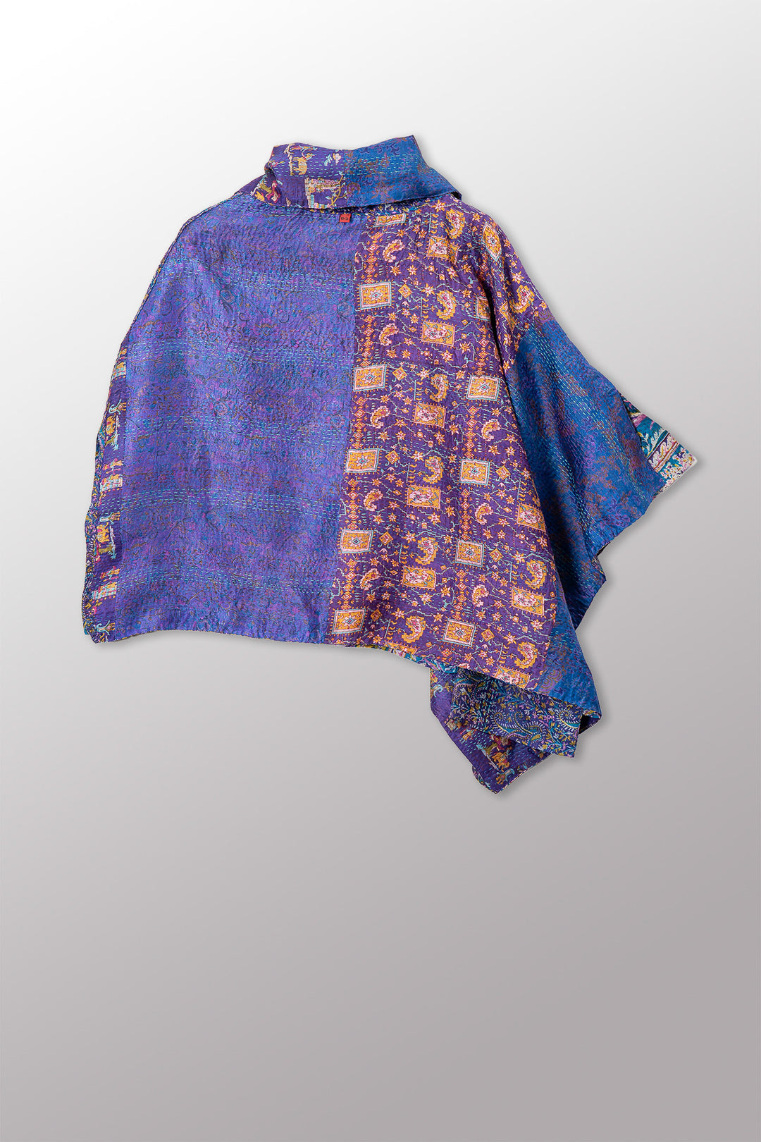 VINTAGE SILK KANTHA COWL NECK LONG CAPE - sv2842-0004a -