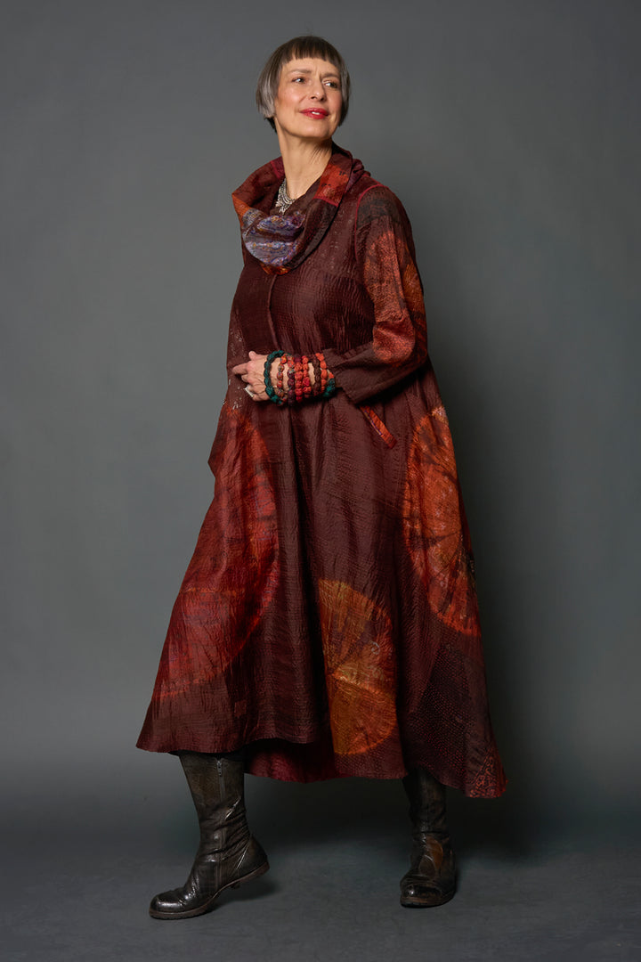 JACQUARD SILK PATCH TIE DYE CIRCLE SHIBORI KANTHA COWL NECK LONG SLEEVE DRESS - wj2450-brn -