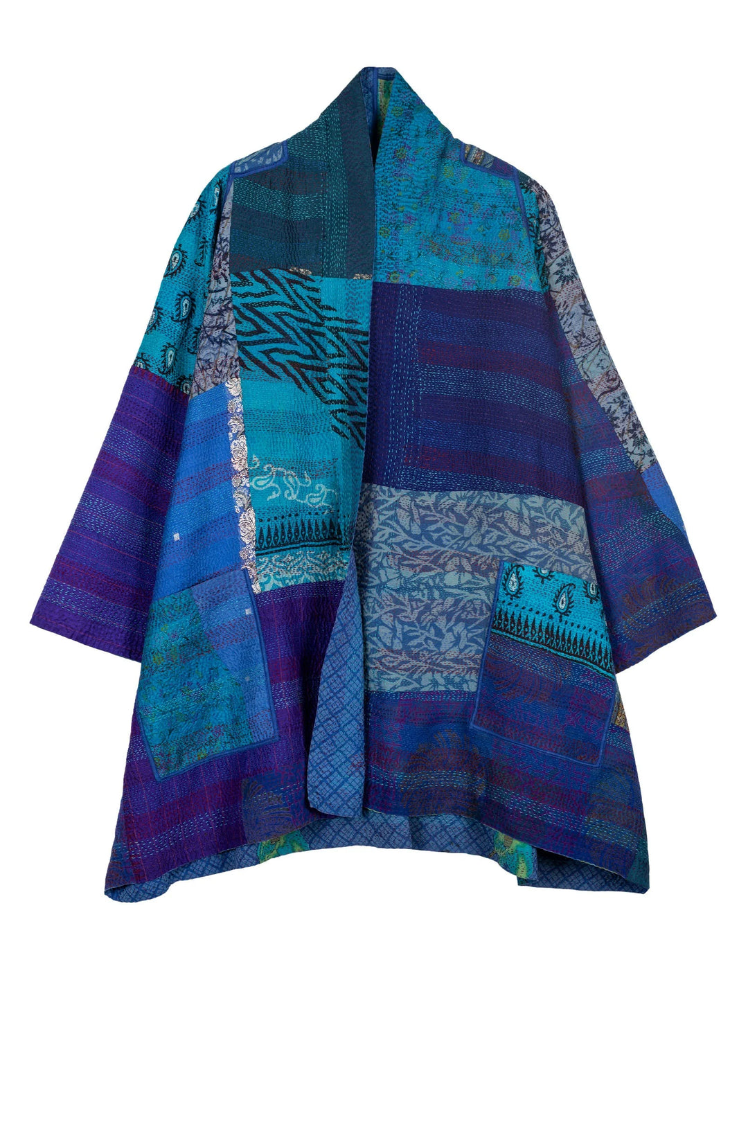 GEORGETTE VINTAGE SILK PATCH KANTHA A-LINE JKT - gs2003-blu -