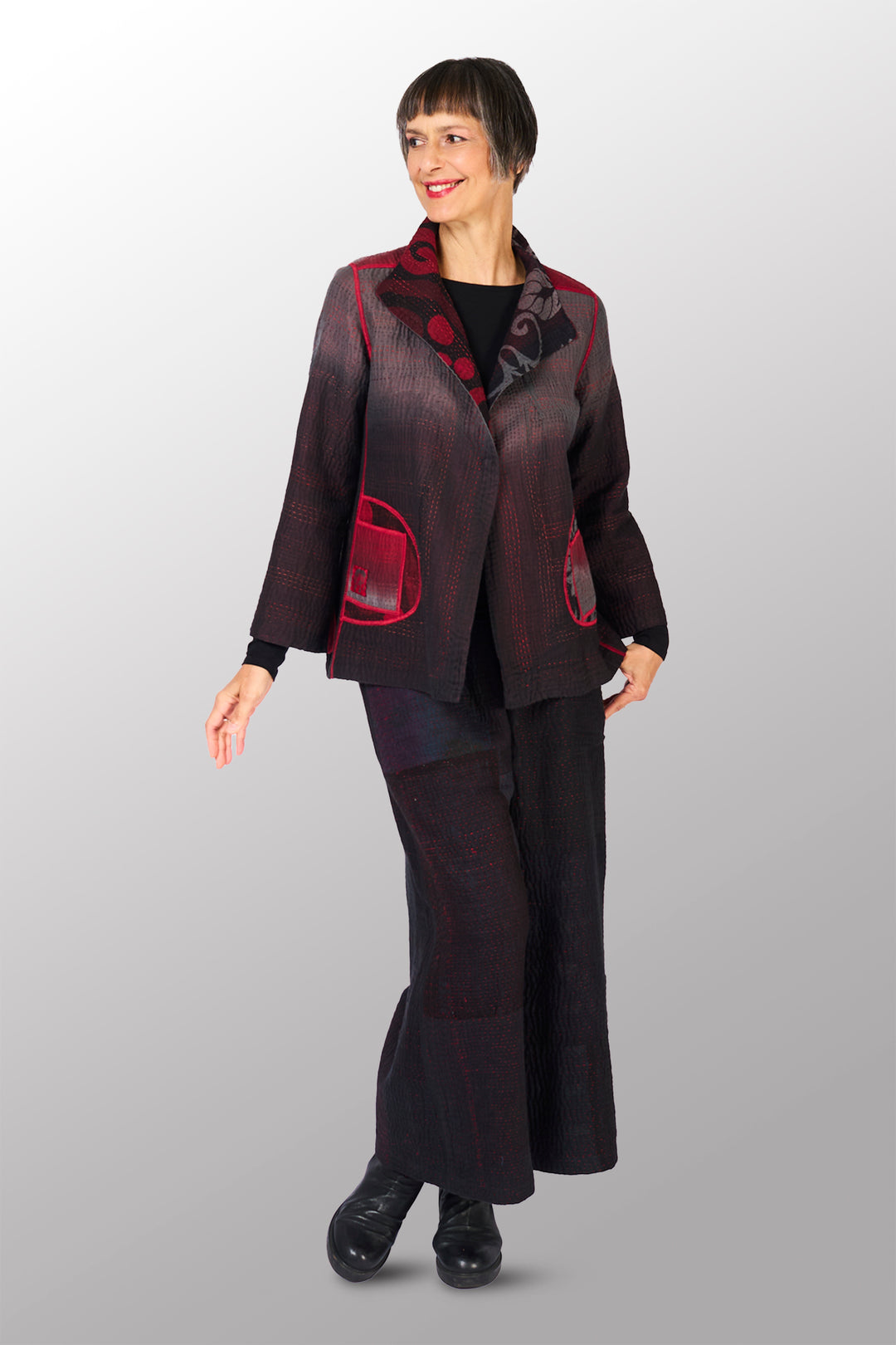 BIG PRINTED PATCH WITH OMBRE BACKING KANTHA SHORT JACKET - px4007-red -