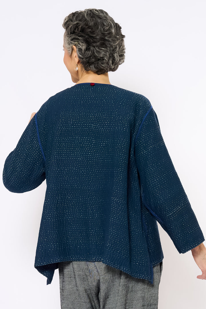 FRAYED PATCH KANTHA A-LINE SHORT JACKET - fi4019-nvy -