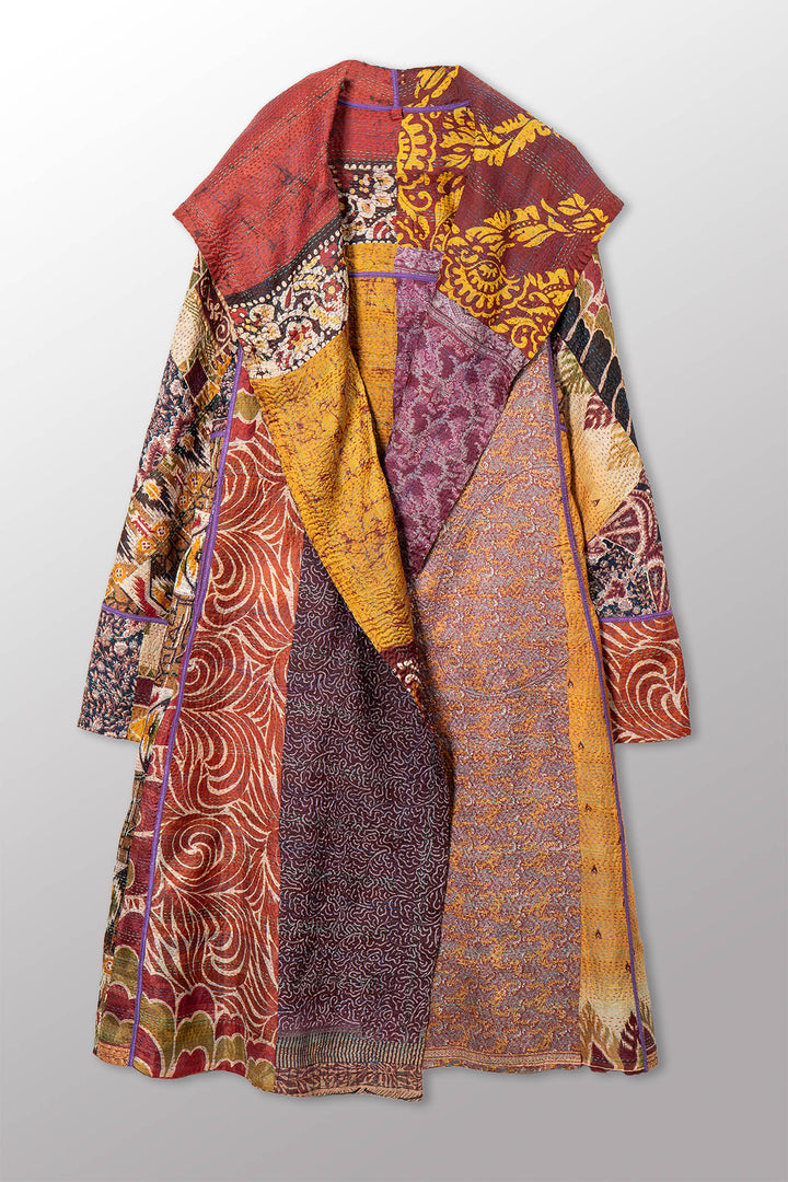 VINTAGE SILK KANTHA HOODED A-LINE LONG COAT - sv2306-0004a -
