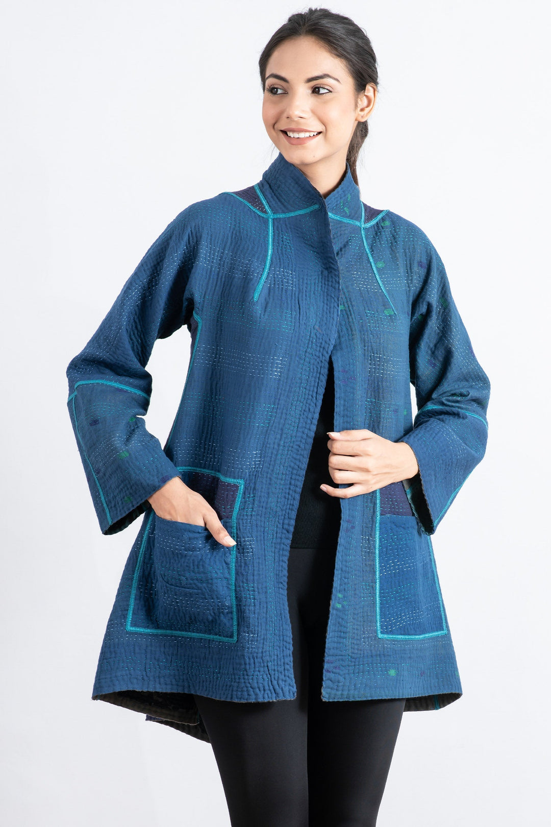 MONOTONE TWILIGHT PRINT KANTHA FLARE LONG JKT - tp4021-blu -