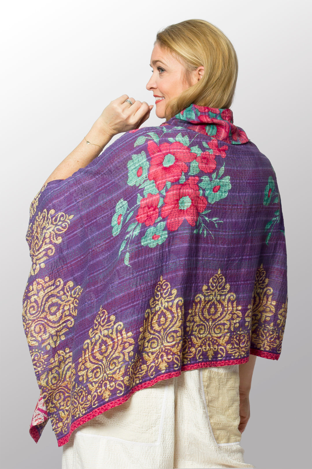 VINTAGE COTTON KANTHA COWL NECK LONG CAPE - cv2842-0004a -