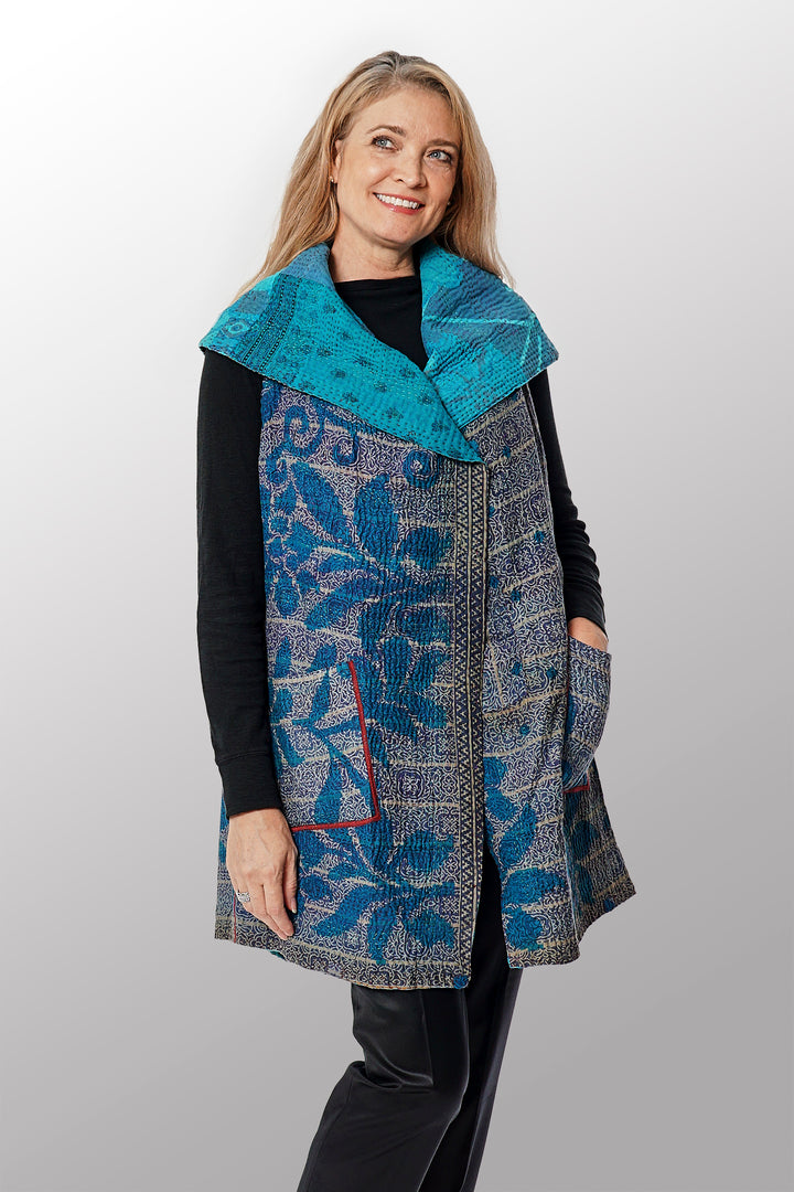 COTTON OVER DYE KANTHA CIRCULAR VEST - ov4201-ctel003a -