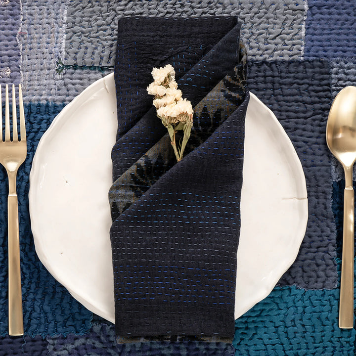 Landscape Fray Patch Vintage Kantha Napkin -Navy (Set of 2)