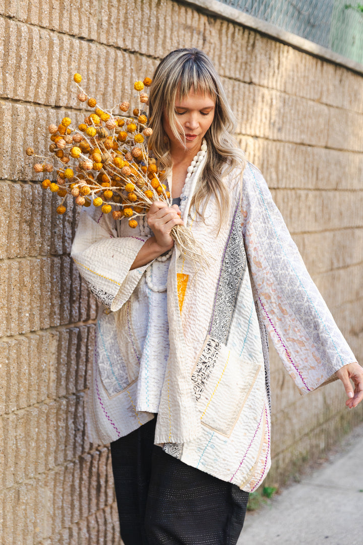JEWEL WOVEN WITH VERTICAL PATCH KANTHA A-LINE JACKET - jv4003-ivy -