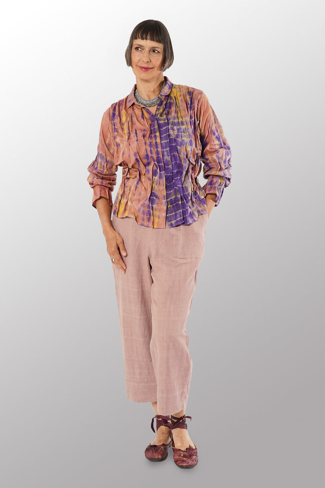 MONE SHIBORI TIE DYE WAVY TUCK CROPPED SHIRT - ms1579-prp -