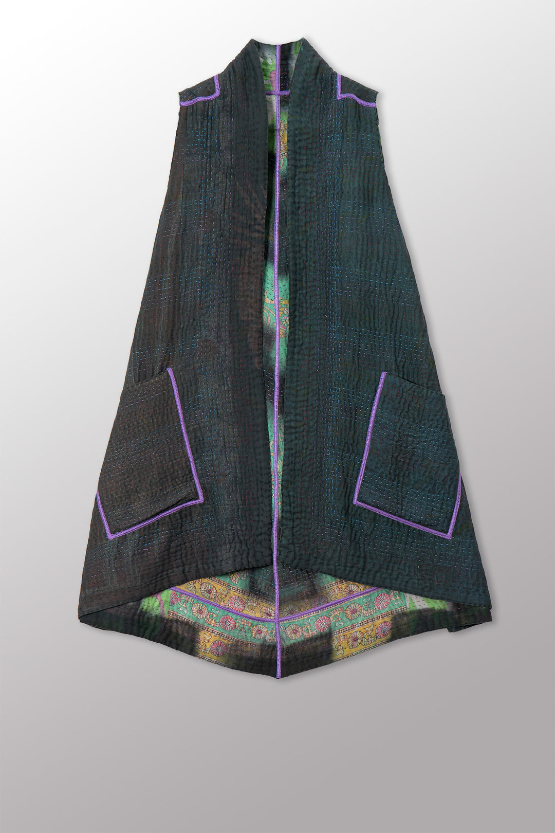 VINTAGE COTTON GREY CLAMP TIE DYE KANTHA A-LINE VEST - su4203-0001a -