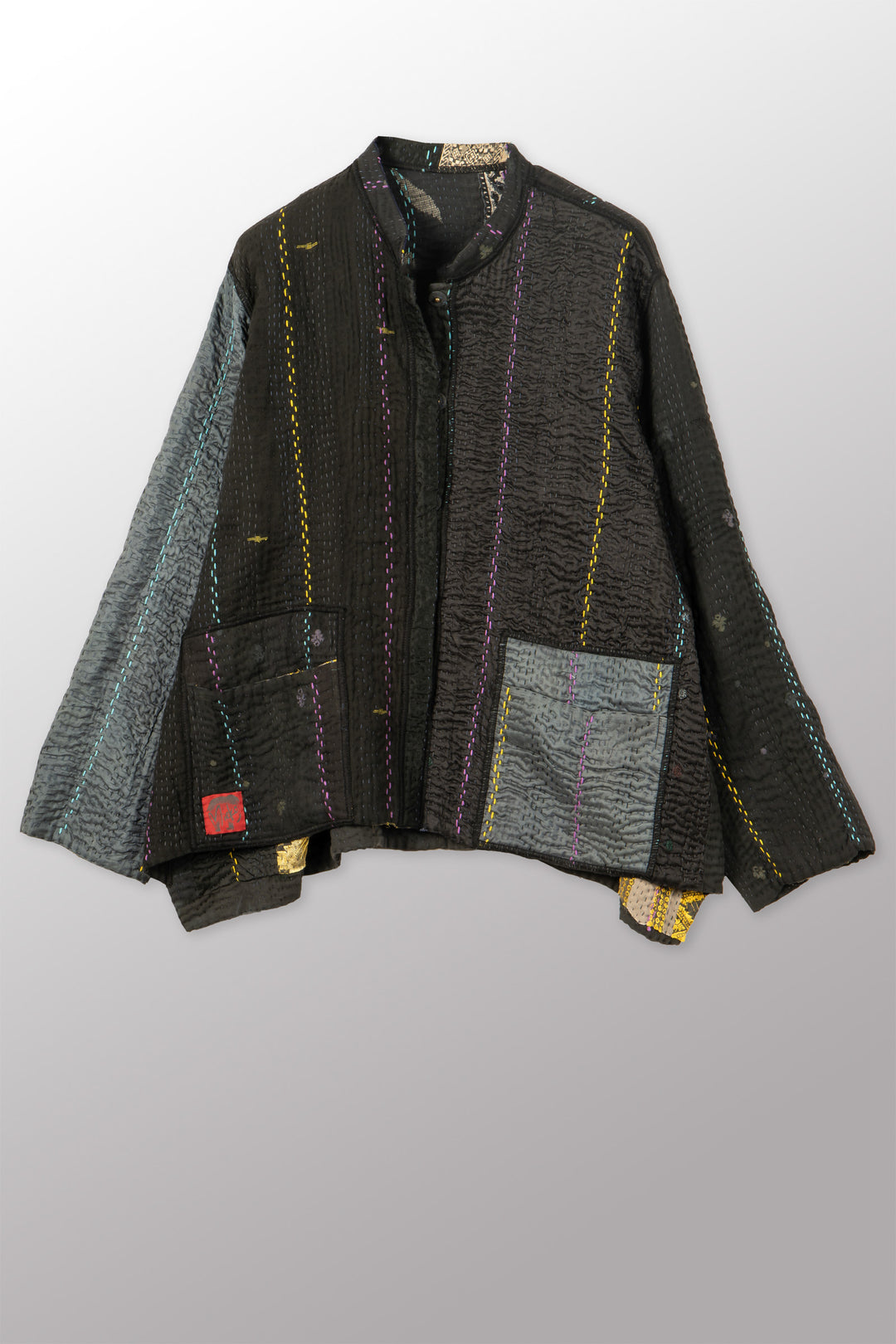 JEWEL WOVEN WITH VERTICAL PATCH KANTHA KAFTAN JACKET SHORT - jv4088-blk -