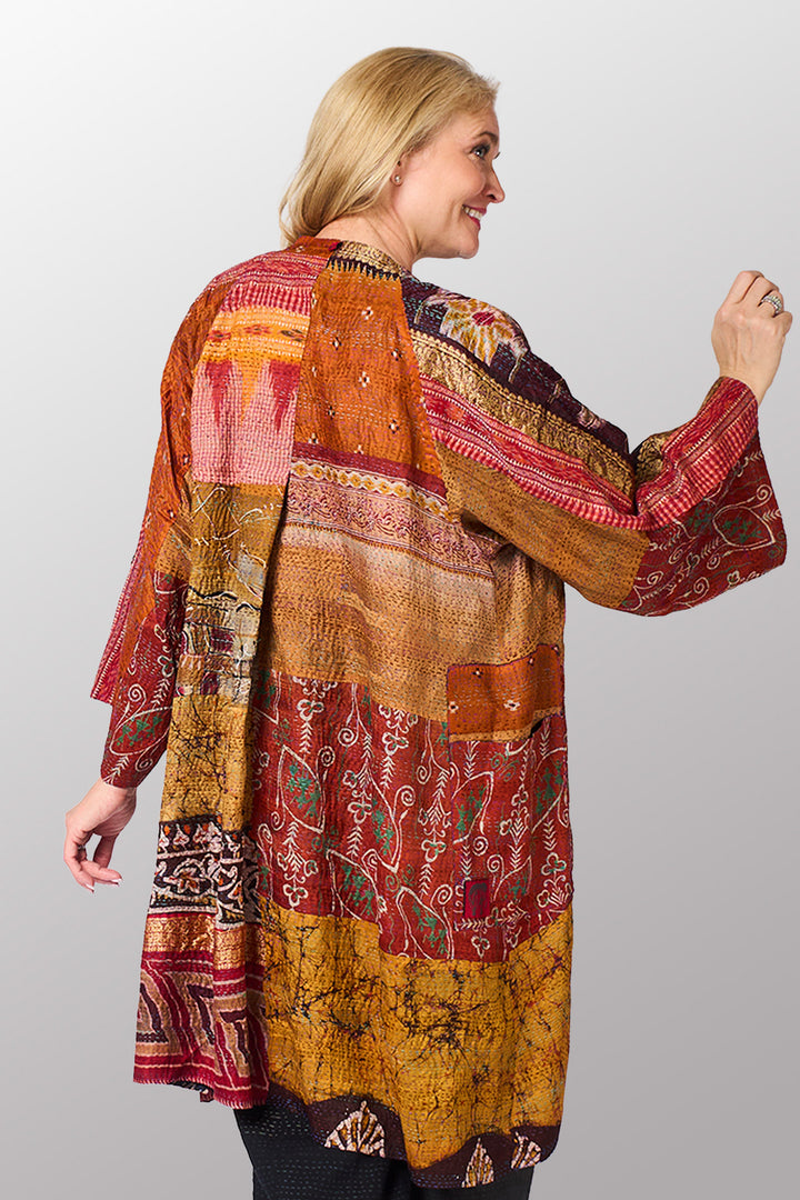 VINTAGE SILK KANTHA KIMONO DUSTER - sv2317-0012a -