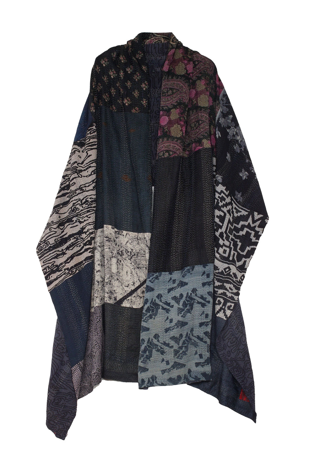 GEORGETTE VINTAGE SILK PATCH KANTHA SHAWL LARGE - gs2803-blk -