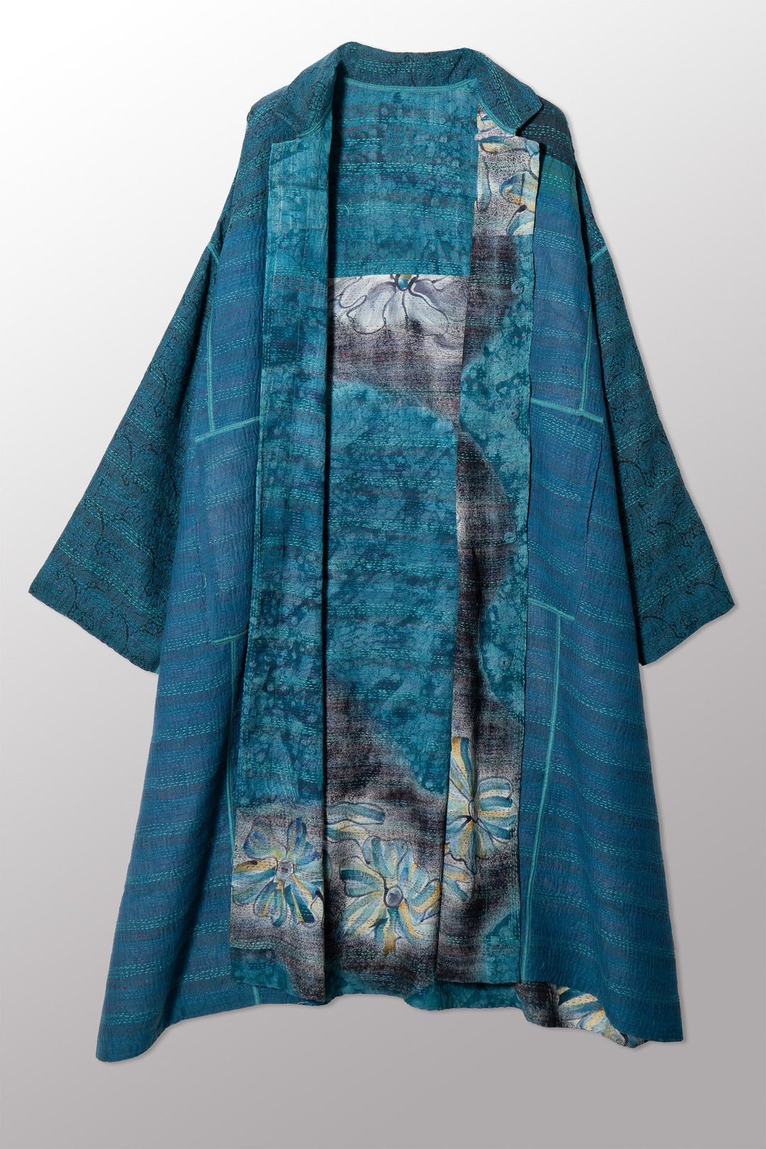 VINTAGE SILK GEORGETTE COTTON KANTHA NEW OVERSIZED COAT - gc2342-0005a -