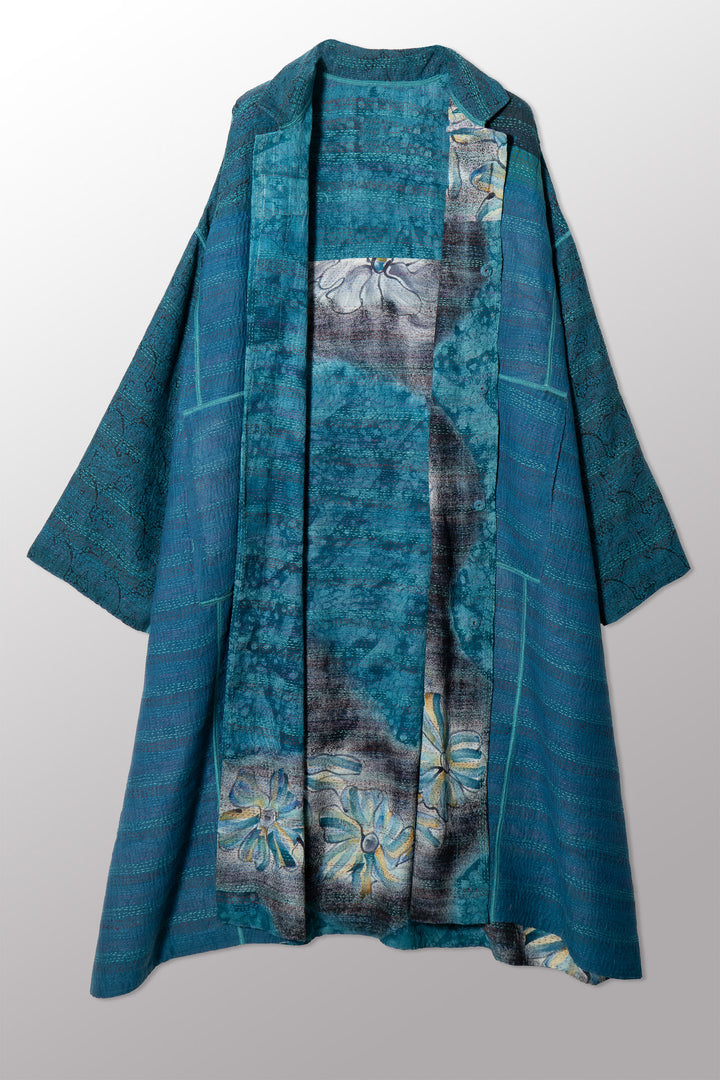 VINTAGE SILK GEORGETTE COTTON KANTHA NEW OVERSIZED COAT - gc2342-0005a -