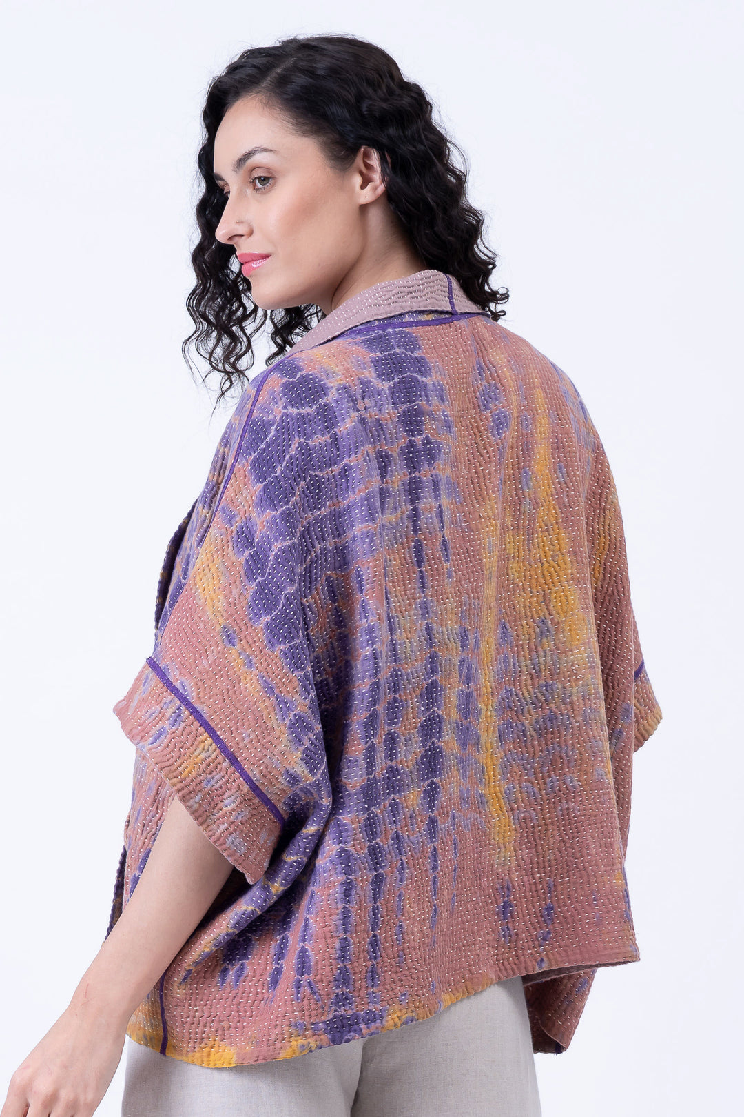 MONE SHIBORI TIE DYE KANTHA MINI PONCHO - ms5060-prp -