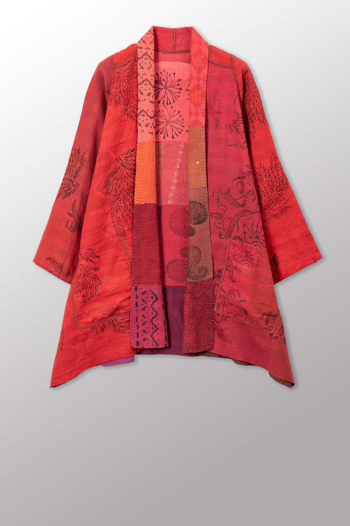 LANDSCAPE FRAYED PATCH KANTHA WITH STAMP A-LINE JKT - sp-lf2003-red -
