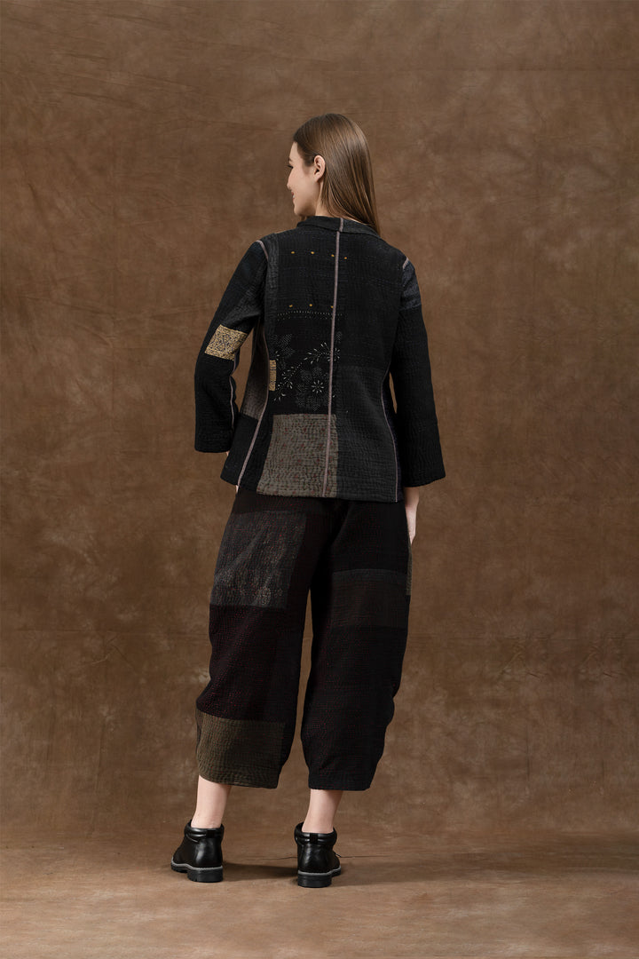 COTTON SILK SW PATCH KANTHA SHORT JKT - ws4007-blk -