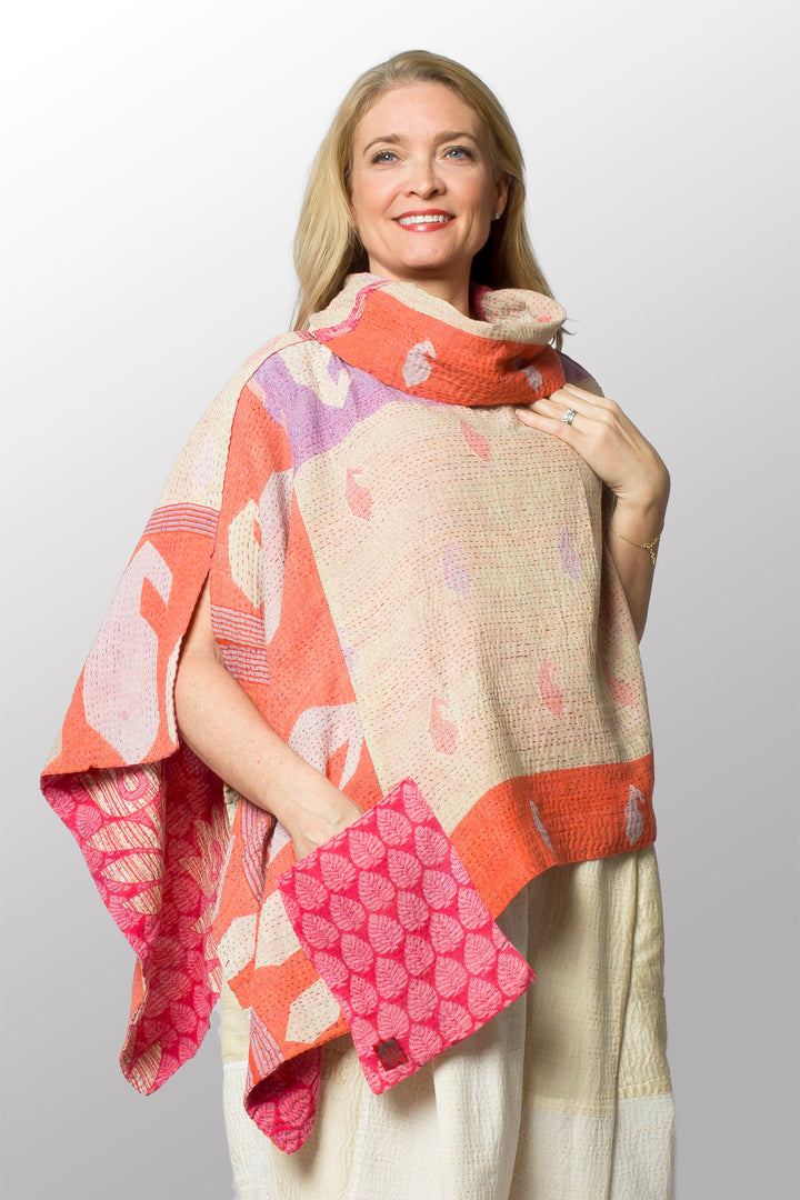 VINTAGE COTTON KANTHA COWL NECK LONG CAPE - cv2842-0006a -