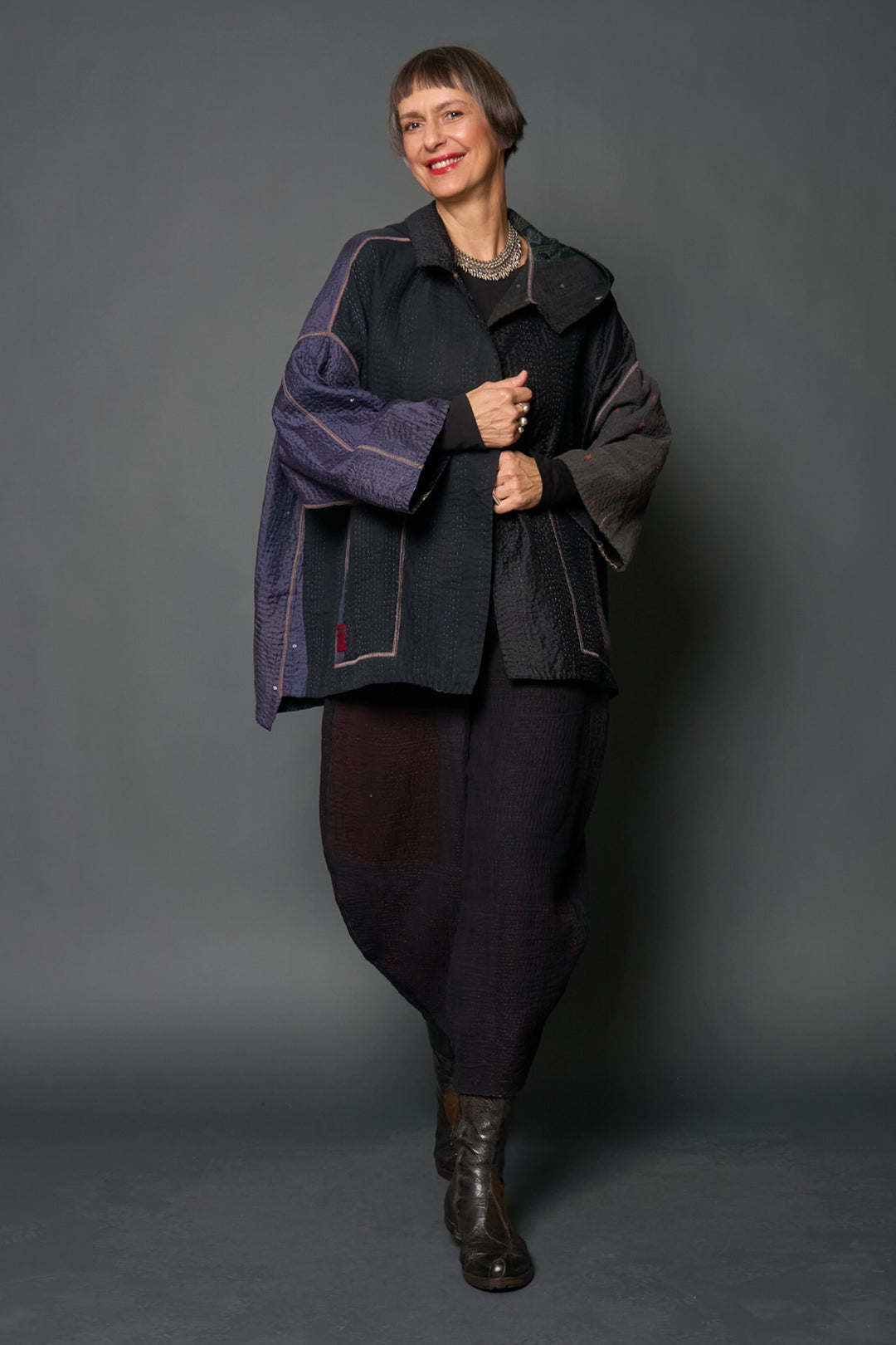 JEWEL WOVEN WITH VERTICAL PATCH KANTHA HOODIE PONCHO - jv4064-blk -
