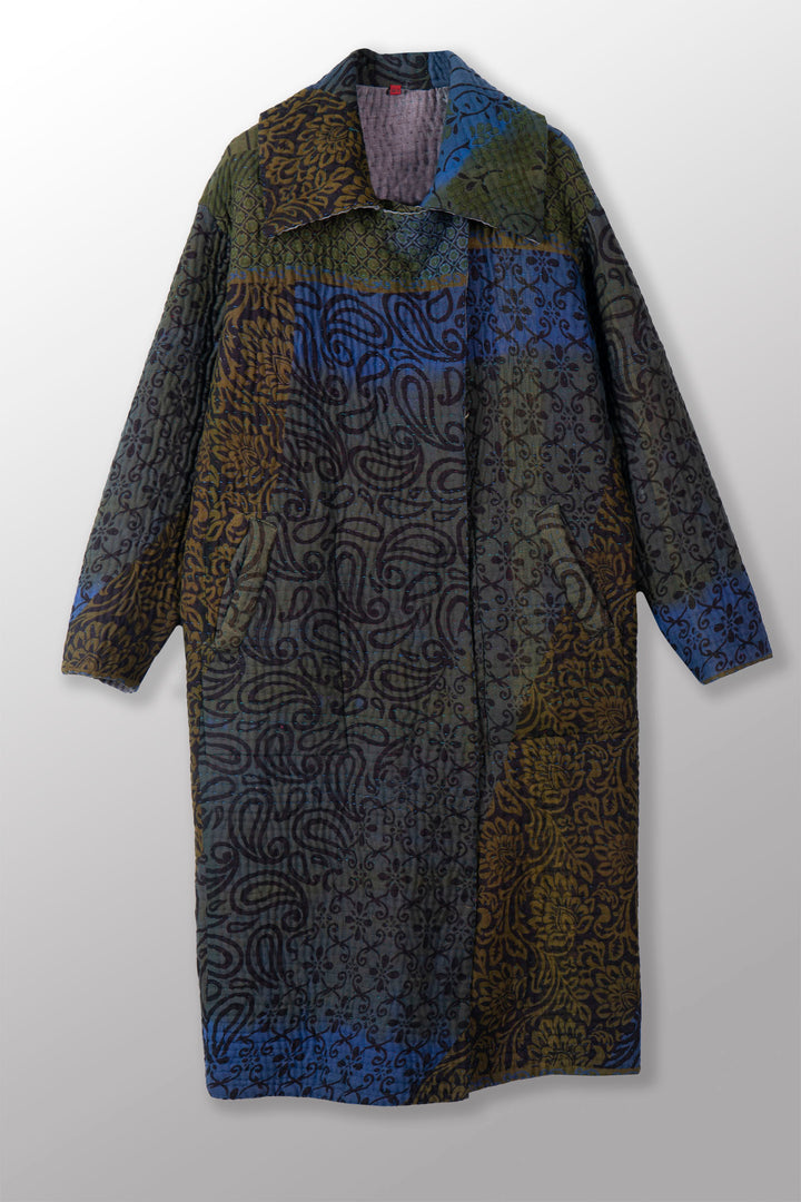 QUILTED OVERDYE COTTON KANTHA DOUBLE BREAST LONG COAT - oq5340-cblu002a -