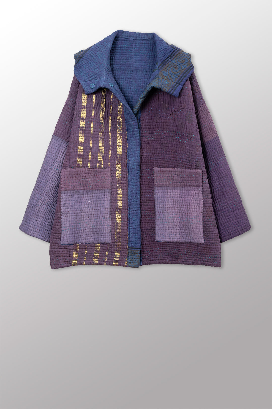 QUILTED OVERDYE COTTON KANTHA HOODED COCOON JACKET (086) - oq5086-cblu001a -