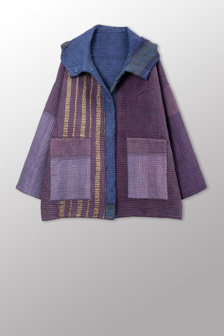 QUILTED OVERDYE COTTON KANTHA HOODED COCOON JACKET (086) - oq5086-cblu001a -