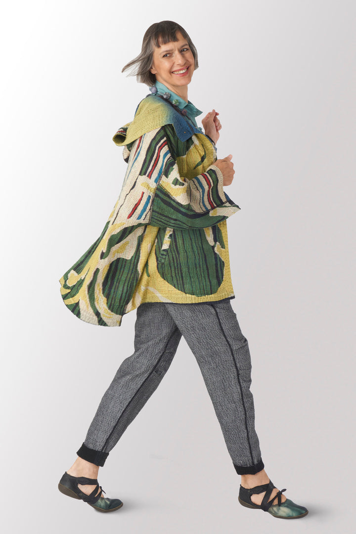 STRIPE AND BENDS KANTHA HOODIE PONCHO - sb4064-grn -