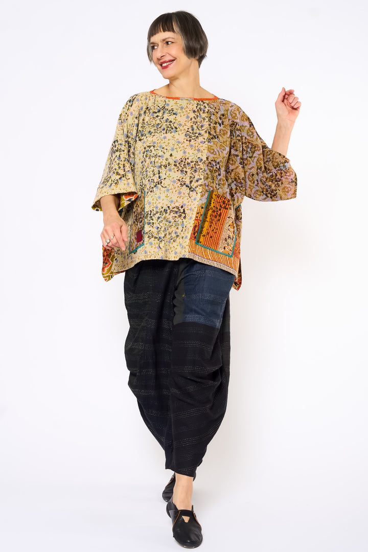 VINTAGE COTTON KANTHA BOAT NECK DOLMAN TOP - cv2t100-0001a -
