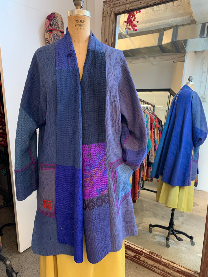 COTTON SILK SW PATCH KANTHA KIMONO LONG JKT - ws4005-blu -