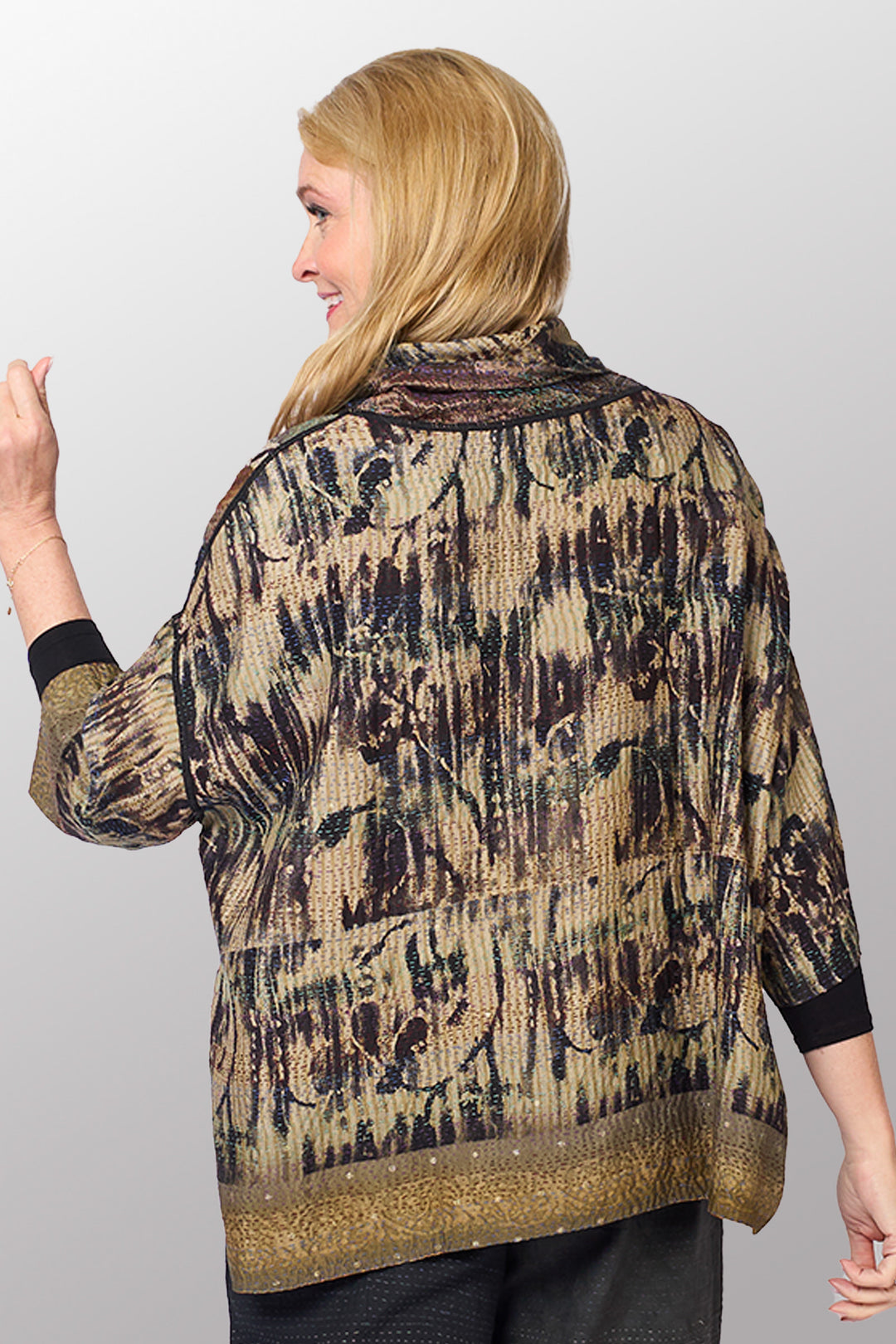 GEORGETTE JACQUARD VINTAGE SILK PATCH KANTHA COWL NECK PONCHO - gj2061-0001a -
