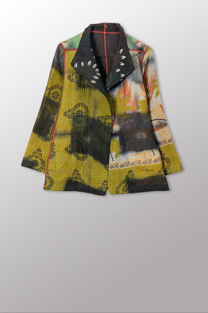 VINTAGE COTTON GREY CLAMP TIE DYE KANTHA SHORT JACKET - su4007-0001s -