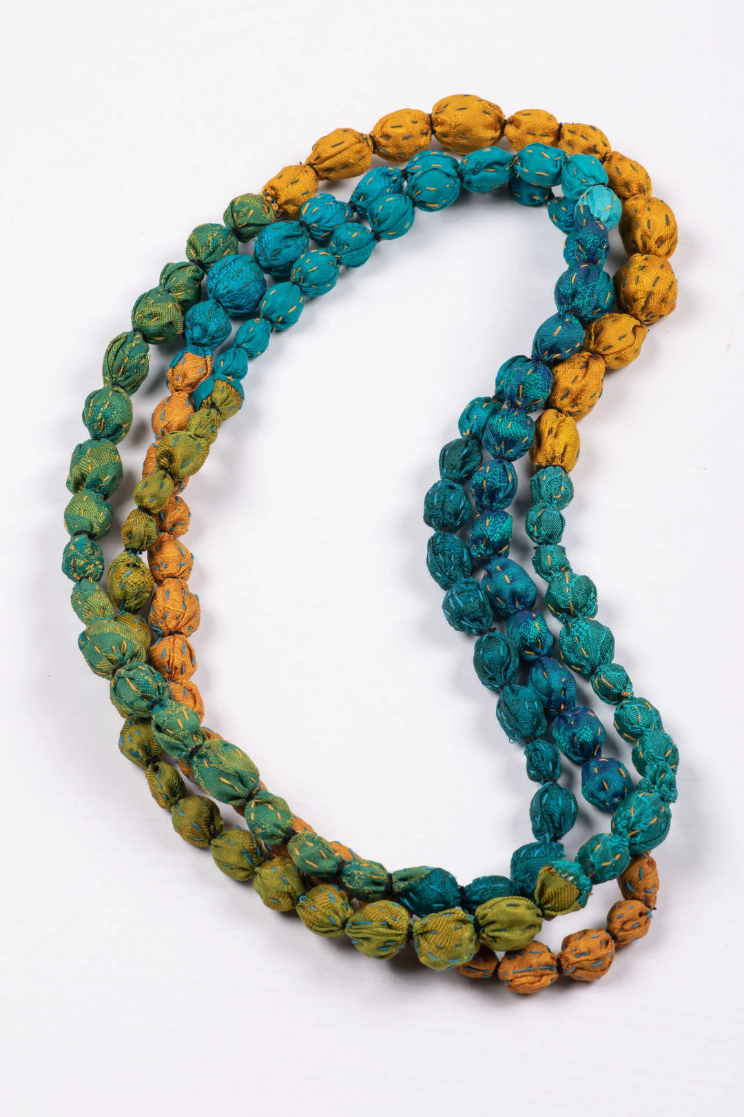GEORGETTE JACQUARD VINTAGE SILK KANTHA TIE-BEADS LONG NECKLACE - gj2707-ytu -