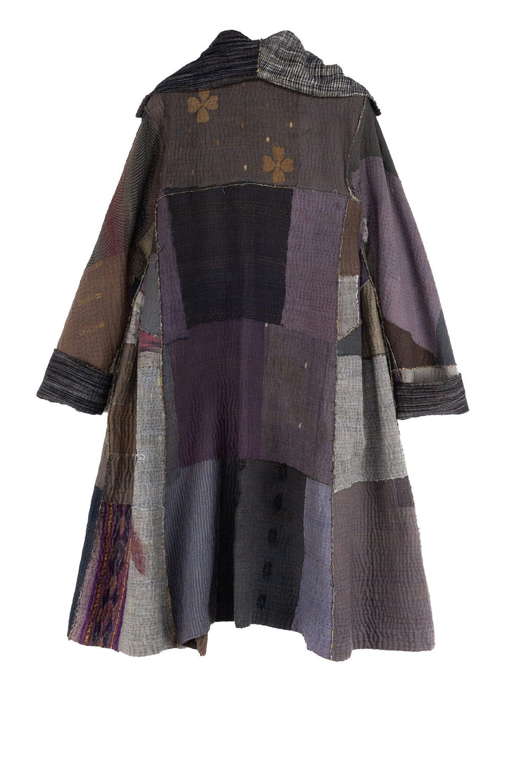 WOVEN IKAT & FRAYED PATCH KANTHA A-LINE COAT - wk4309-gry -