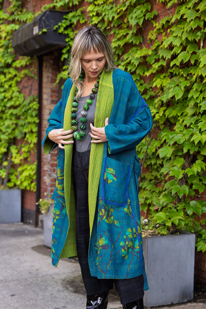 BLOOMING FLOWERS KANTHA SIMPLE ROBE - bf4334-blu -