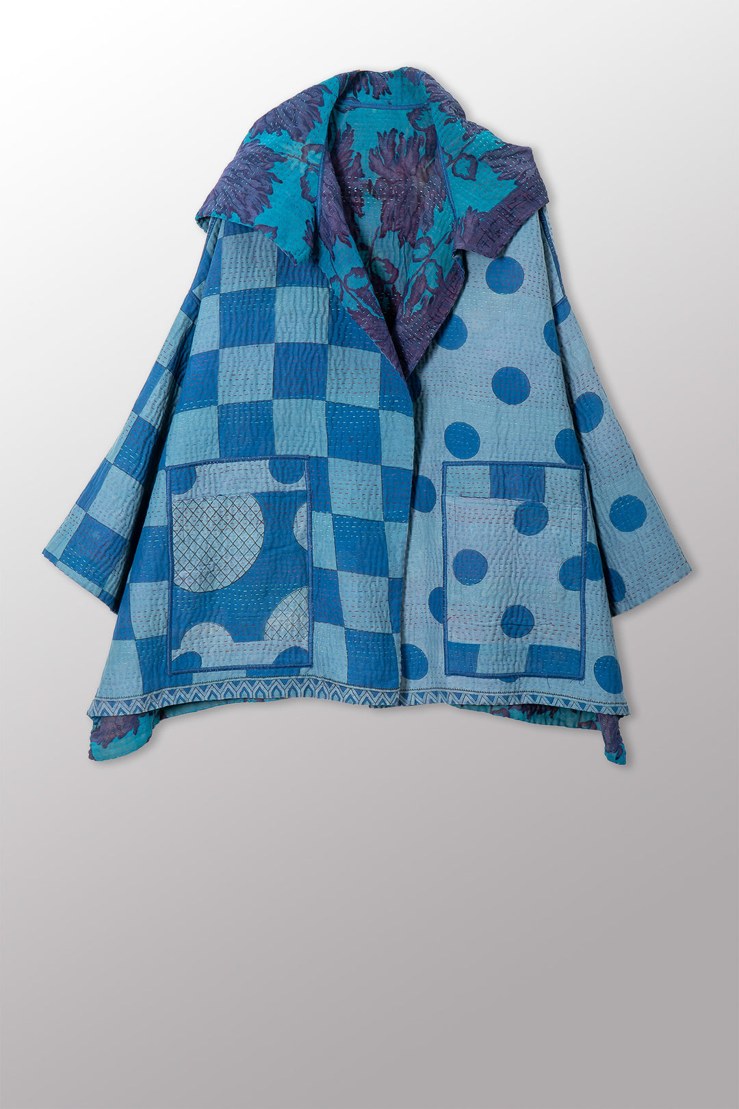 VINTAGE SILK GEORGETTE COTTON KANTHA HOODIE PONCHO - gc4064-0001a -
