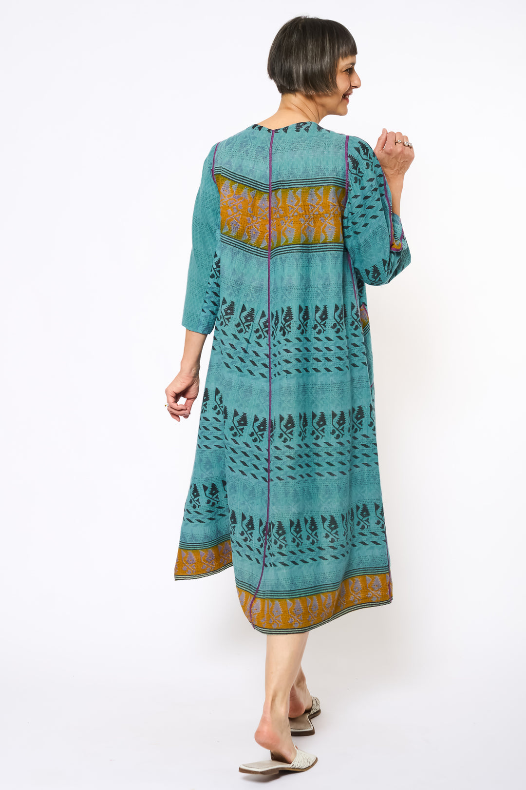VINTAGE COTTON KANTHA V-NECK FLARE DRESS - cv2457-0003m -
