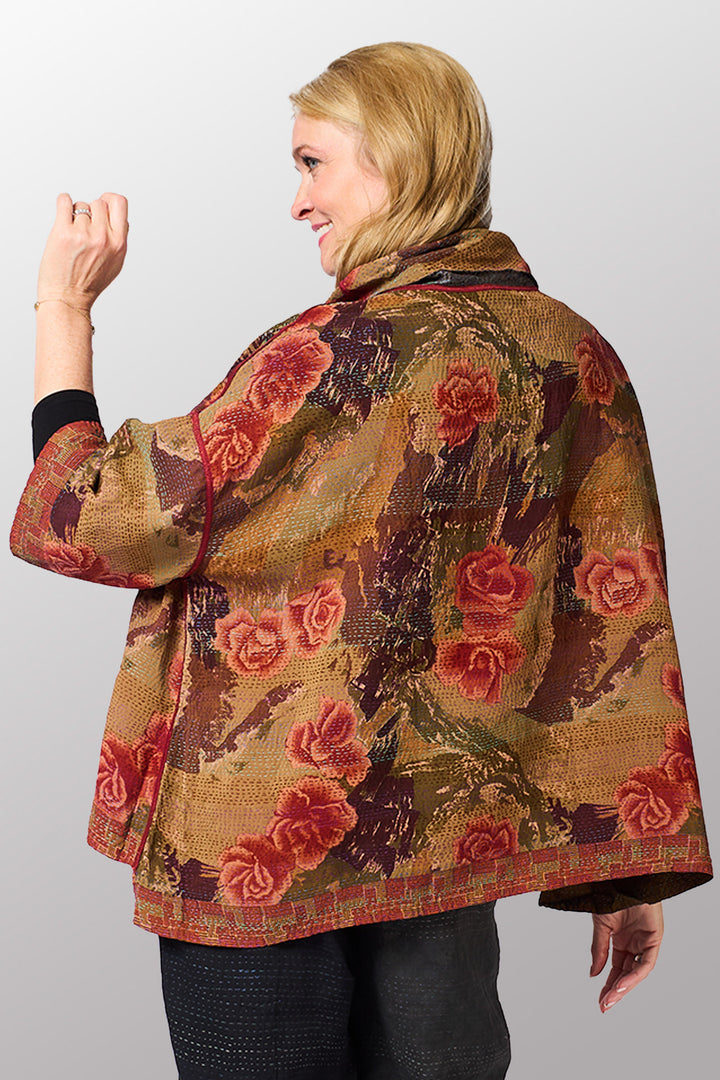 GEORGETTE JACQUARD VINTAGE SILK PATCH KANTHA COWL NECK PONCHO - gj2061-0002a -