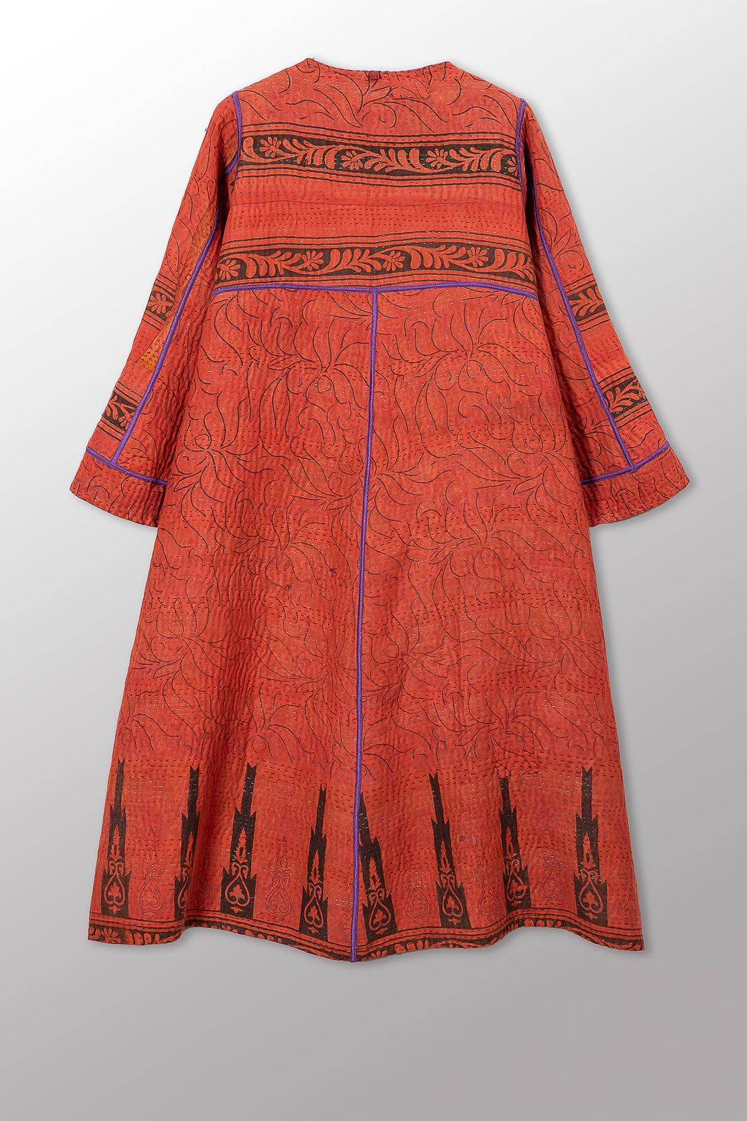 VINTAGE SILK GEORGETTE COTTON KANTHA WRAP FLARE COAT - gc4330-0002a -