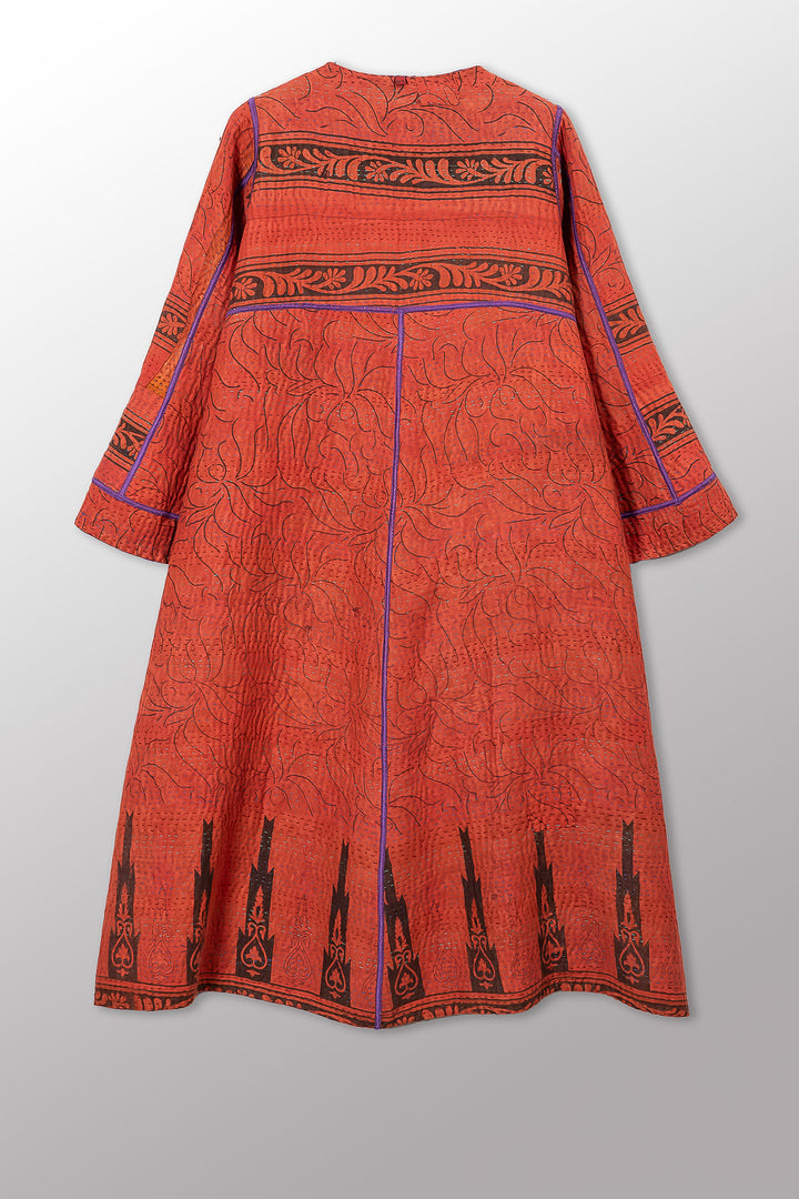 VINTAGE SILK GEORGETTE COTTON KANTHA WRAP FLARE COAT - gc4330-0002a -