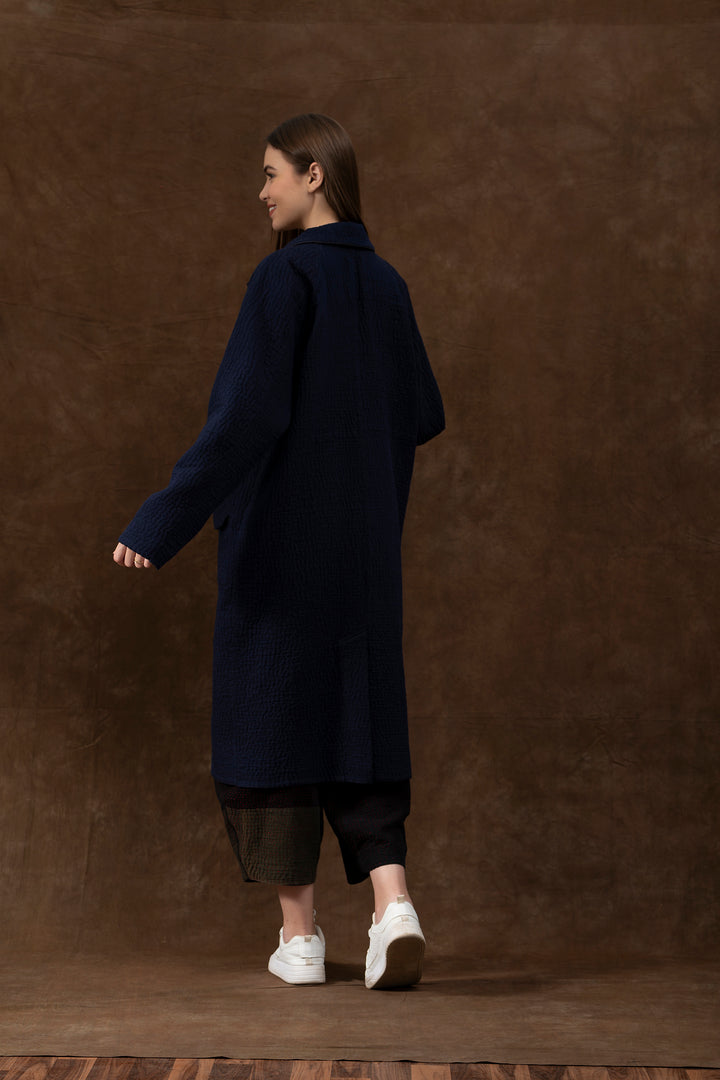 QUILTED VINTAGE COTTON WITH FLANNEL KANTHA RAGLAN SLEEVE COAT - fq5337-blk -