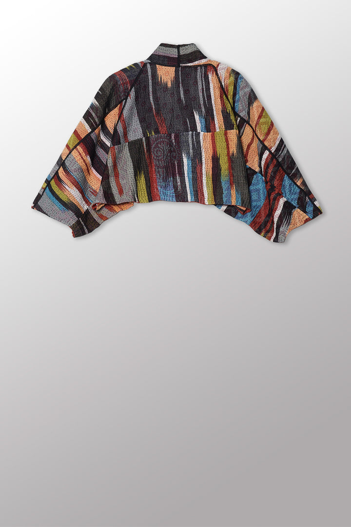 IKAT STRIPE KANTHA PUFF SLV. SHRUG - is4062-red -