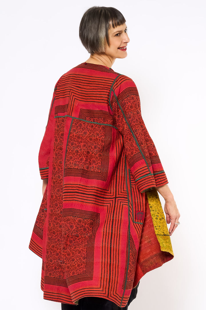 COTTON OVERDYE KANTHA WRAP FLARE COAT - ov2330-cred001a -