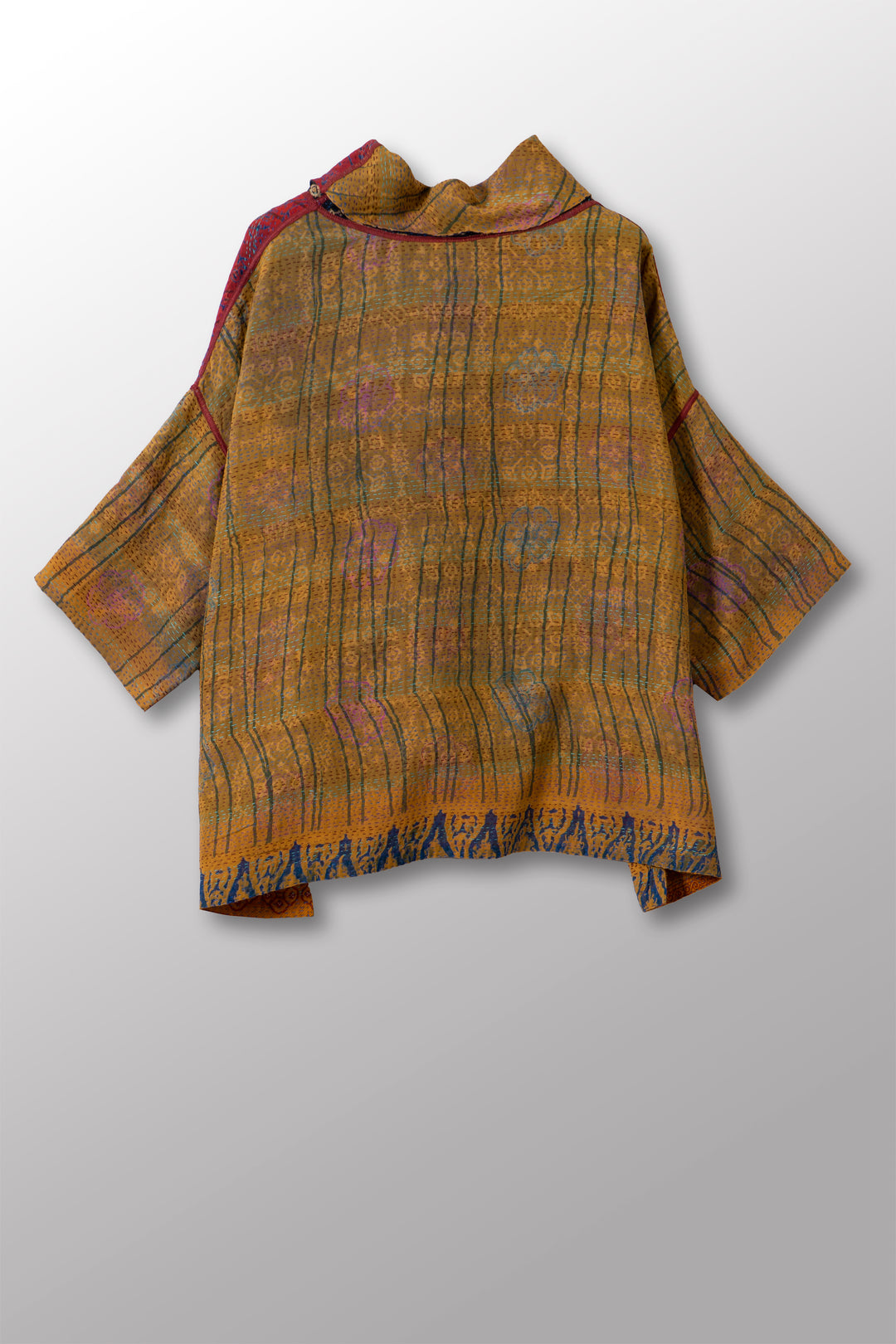 VINTAGE SILK GEORGETTE COTTON KANTHA COWL NECK PONCHO - gc2061-0001a -