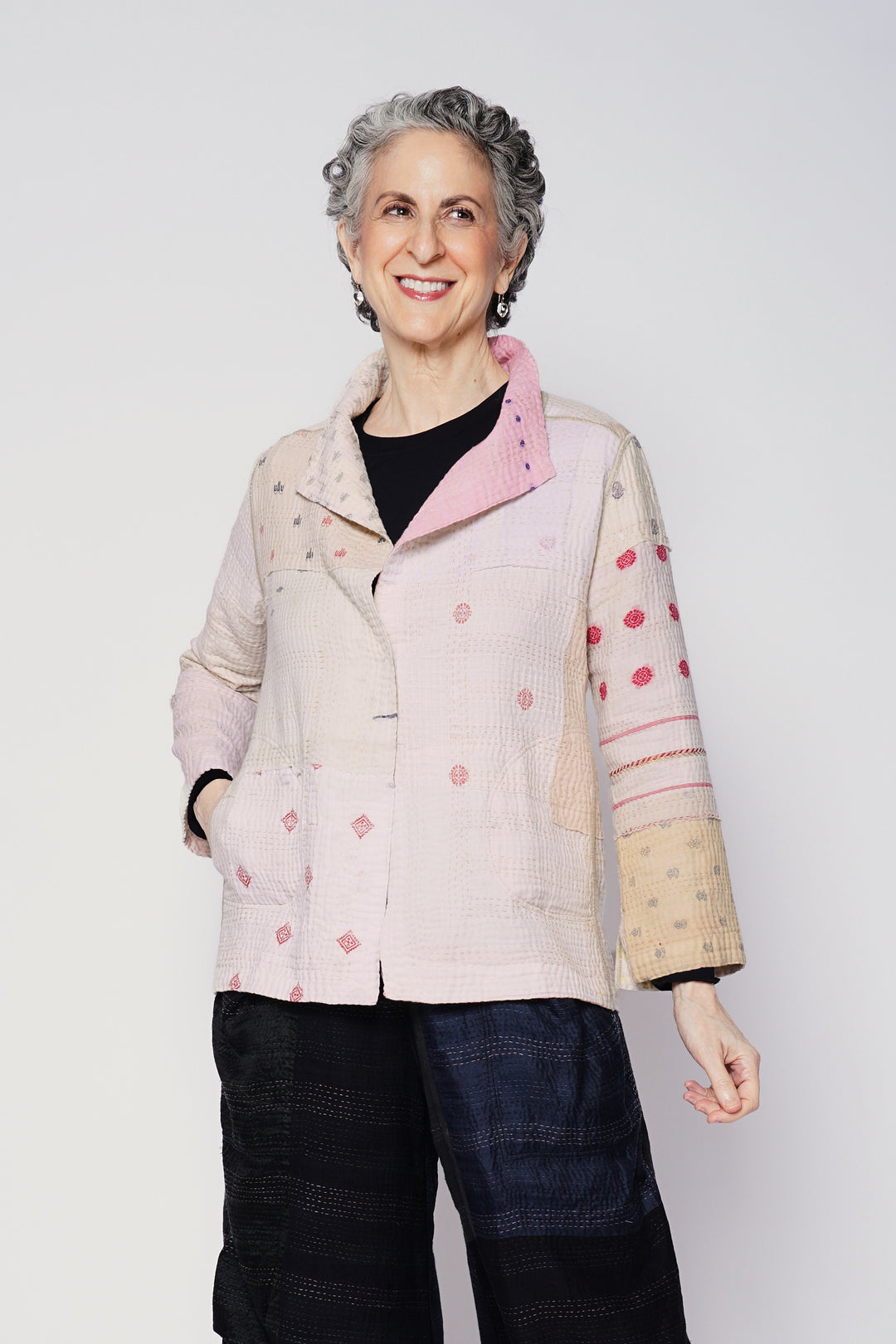 FRAYED PATCH MIX KANTHA SHORT JKT - fm4007-ivy -