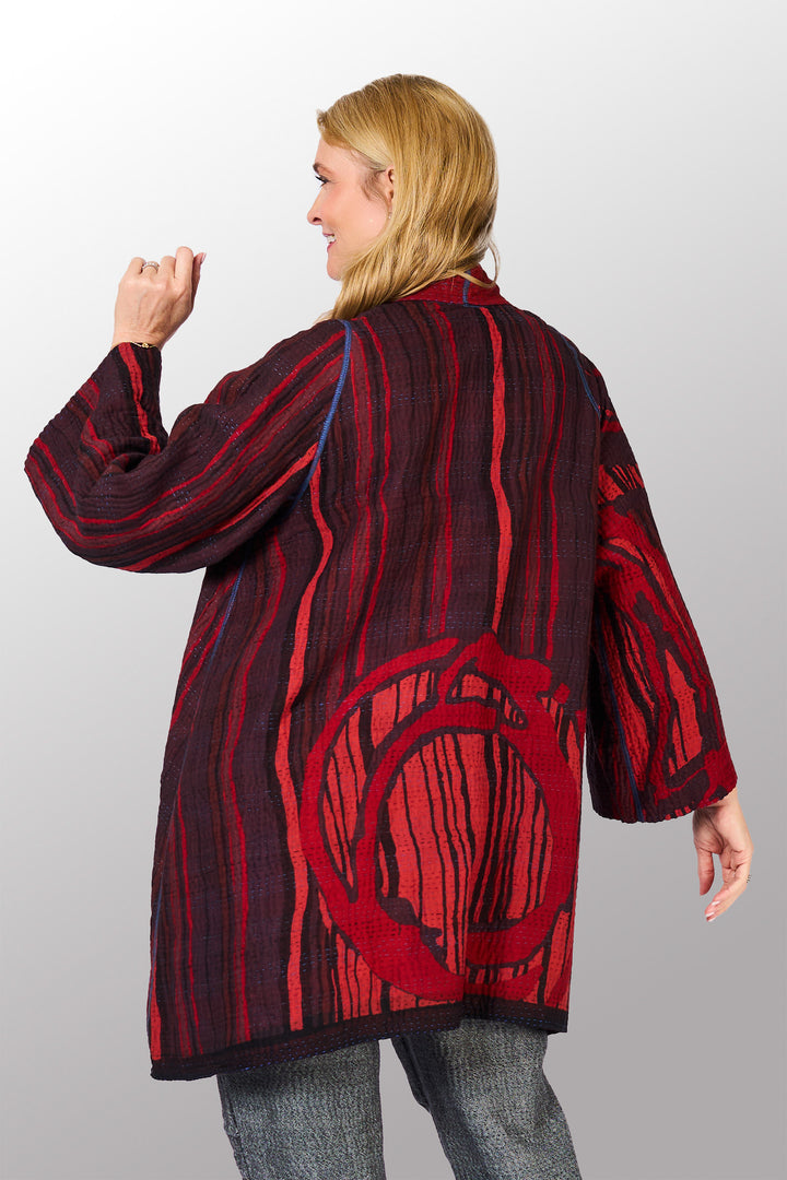 OVERDYED STRIPE AND BENDS KANTHA A-LINE JACKET - ov-sb4003-red -